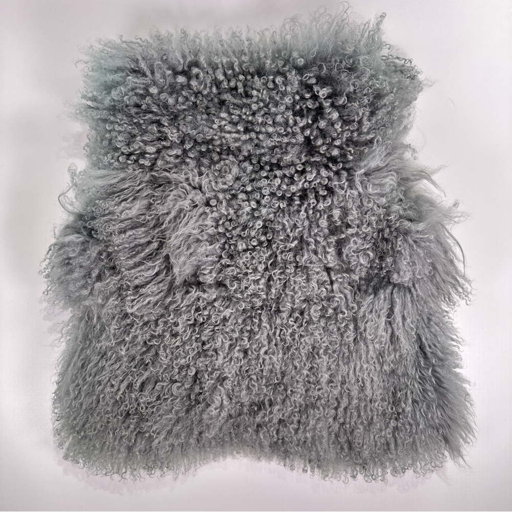 Curly Mongolian Lamb Fur Suede Tie Front Vest Blue Gray M - Picture 4 of 11